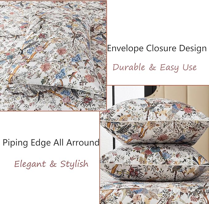 FADFAY Sheets Set Cal King Shabby Botanical Bird Floral Bed Sheets Vintage Mocha Mousse Branches Bedding Collections 100% Egyptian Cotton Breathable Soft 17.7" Deep Pocket 4Pcs, California King Size