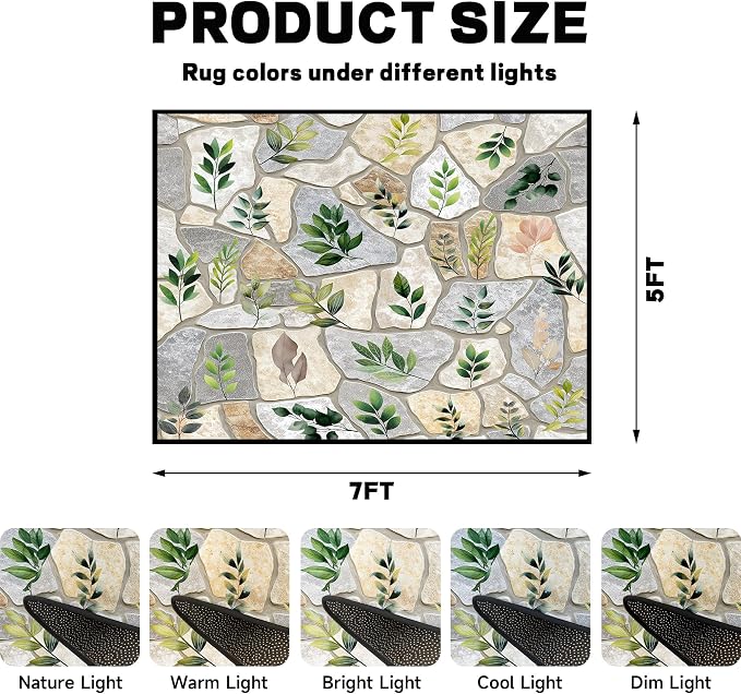 5'x7' Optical Illusion Rug 3D Stone Floor Mat Green Leaf Botanical Area Rug Rustic Nature Washable Carpet for Bedroom Living Room Kitchen Nursery Playroom Home Decor