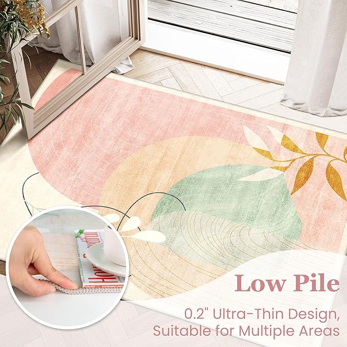 MUJOO Washable 2x6 Runner Rugs for Kitchen Hallway Bedside Bathroom Laundry Room Bedroom Floor,Boho Long Area Rug Non Slip Carpet Throw Rug Mid Century Modern Abstract Botanical Geometric Pink