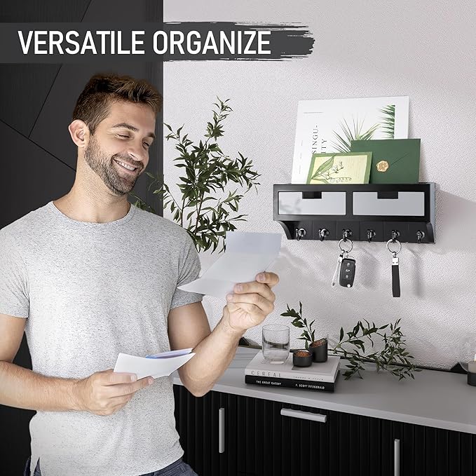 Rebee Vision Key Holder Wall Mount with 2 Organizer Drawers : Decorative Mail Organizer for Wall with 6 Key Hooks and Small Wall Shelf - Modern Aesthetic Room Decor (Black & Gray)