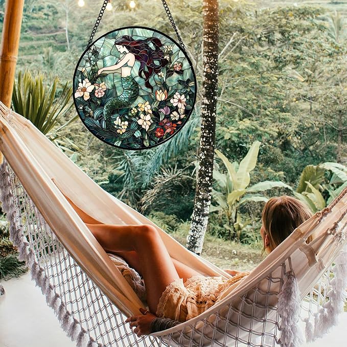 Stained Glass Window Hanging - Teal Sleeping Mermaid Suncatcher for Door Terrace Garden Home Decor, Sea of Flowers Sun Catcher Birthday Gifts for Lovers Women Men Dad Mom Nana 6.3 in