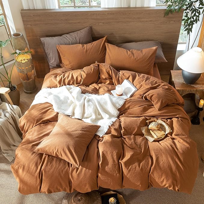 MooMee Wavy Striped Duvet Cover Set 100% Washed Cotton Linen Like Textured Breathable Durable Soft Comfy (Dark Orange, Super King 108"x98")