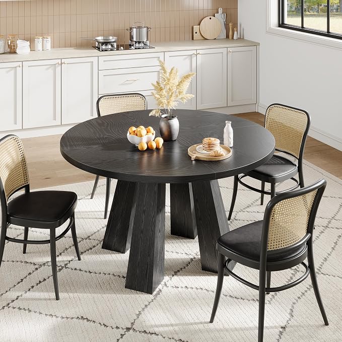 IDEALHOUSE 47" Round Dining Table for 4-6, Wood Kitchen Table with Sturdy Base, Farmhouse Circle Dinner Table for Dining Room, Living Room, 4 Strong Legs, Black