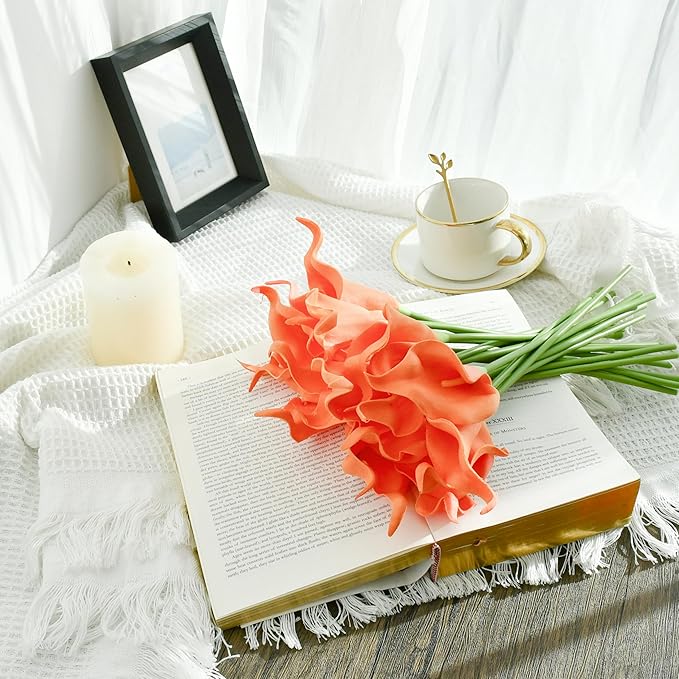 Mandy's PU Coral Calla Lily Artificial Flowers 20 Stems 13.5in Faux Realistic Centerpiece for Thanksgiving and Christmas Decorations DIY Bridal Bouquet Home Décor