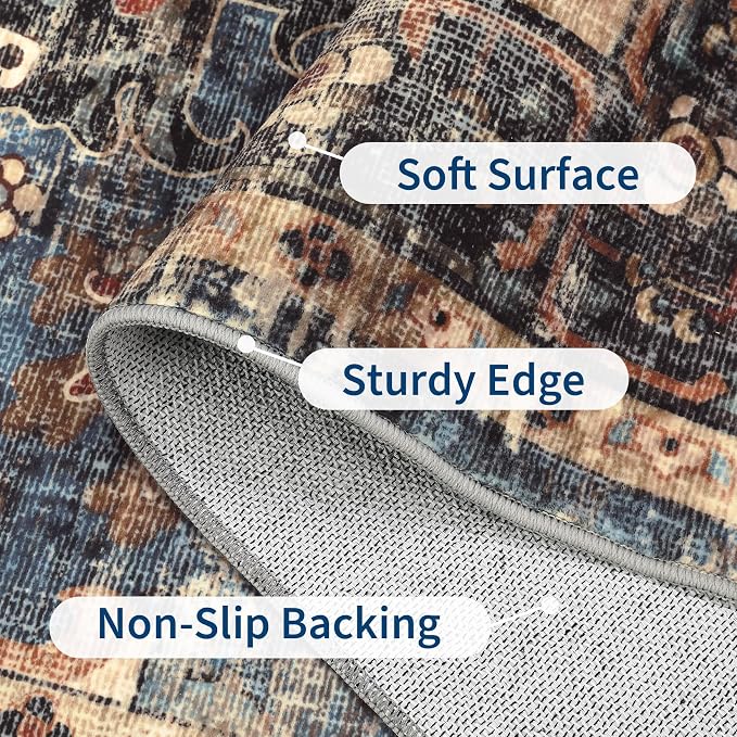 Washable 5x7 Small Area Rug Boho Vintage Medal Print Carpet Non Slip Office Rugs Low Pile Soft Bedroom Carpet Non Shedding Kids Nursery Floor Mats for Kitchen Dining Living Room Blue Brown