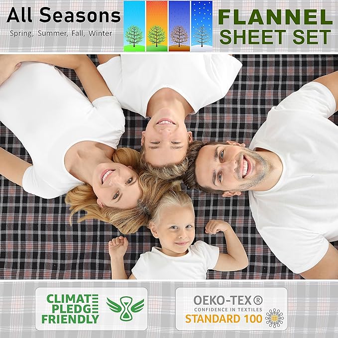 RUVANTI Flannel Sheets Twin Size - 100% Cotton Double Brushed Twin Sheets Set, Deep Pockets 16 Inches, All Seasons Breathable & Extra Soft Bed Sheets, Warm & Cozy, 3 Piece, Peach & Black Plaid