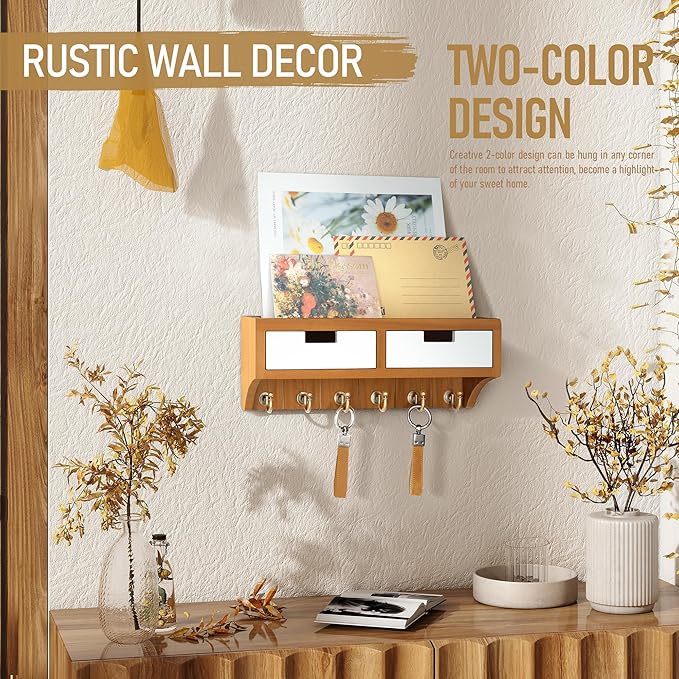 Rebee Vision Modern Farmhouse Key Holder Wall Mount with 2 Drawer Organizer : Mail Organizer with 6 Key Hooks and Wall Shelf - Home Organization for Room Decor (Light Brown & White)