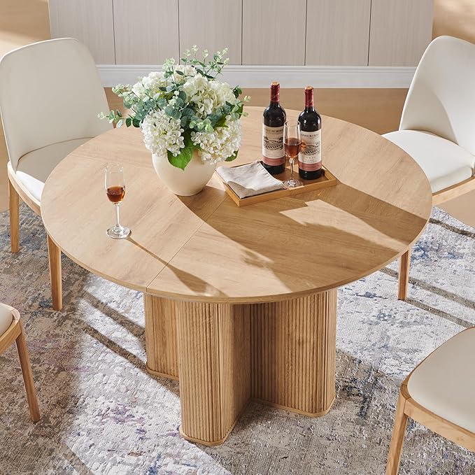 T4TREAM 47" Fluted Round Dining Table for Kitchen Living Room, Natural Oak | Mid Century Modern Kitchen Table,Seats 4-6,Thickened Edge and Sturdy Reeded Pedestal Base