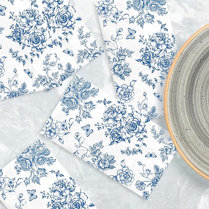 100pcs Blue Floral Napkins Disposable Hand Towels for Bathroom 3 Ply Blue and White Guest Decorative Paper Napkins for Bridal Tea Wedding Birthday Party Supplies Table Decorations