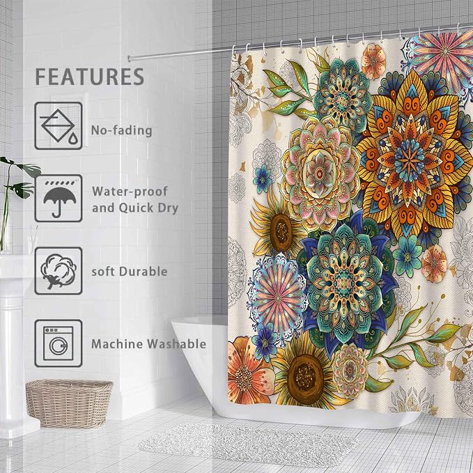 Mid Century Abstract Boho Aesthetic Shower Curtain Set, Green Nature Leaf Sun Modern Minimalist Home Bathroom Curtain Decor with 12 Hooks 72 Inch Wide * 84 Inch High