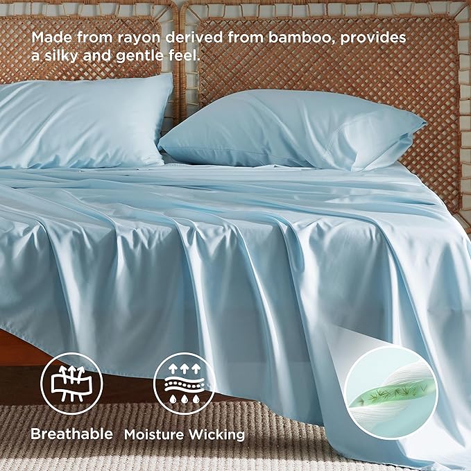 Bedsure Full Size Bed Sheets, Cooling Sheets, Rayon Derived from Bamboo, Breathable & Soft, Deep Pocket Up to 16 Inches, Hotel Luxury Silky Bedding for Hot Sleepers, Aqua