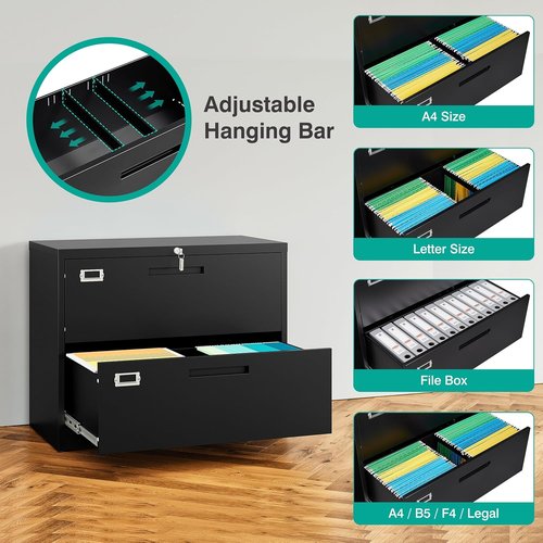 SISESOL Lateral File Cabinet - 2 Drawer Lockable Metal Design in Black | Fits A4, F4, Letter, Legal Files
