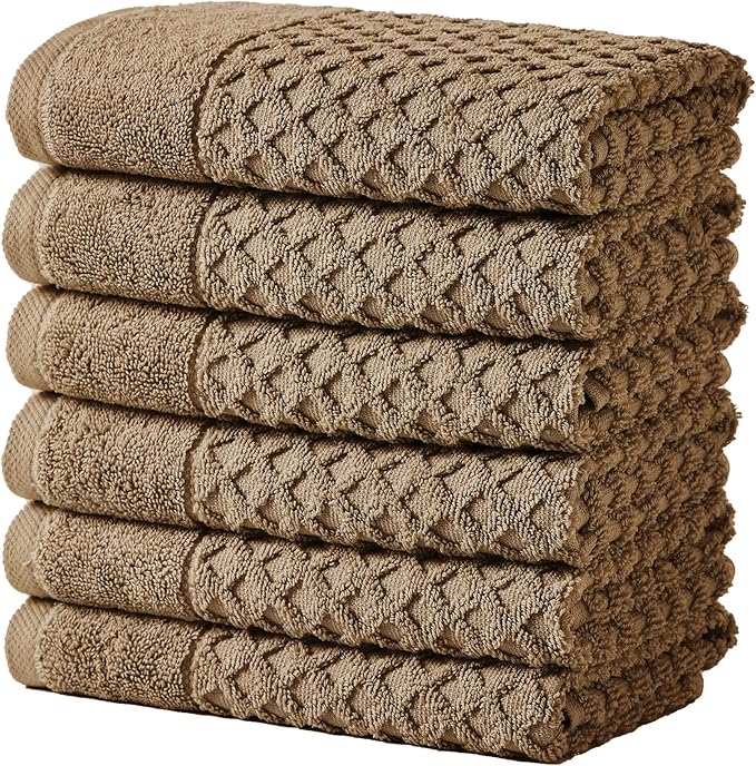 Great Bay Home Brown Washcloths - 100% Cotton 6 Pack 13x13 Washcloth Set - Absorbent, Durable, Quick-Dry Face Towels for Bathroom (Mocha)