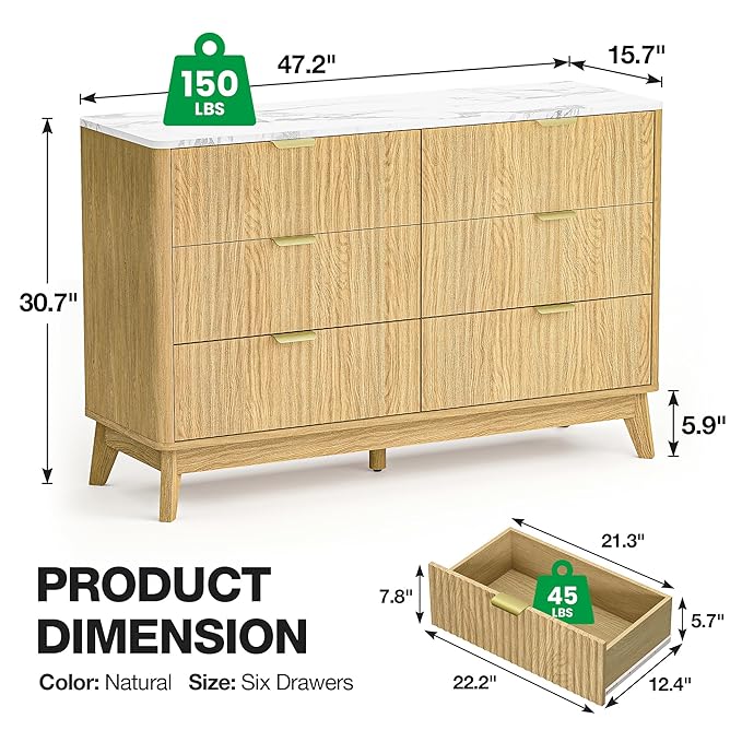 Fluted 6 Drawer Dresser, 47" Wide Chest of Drawers with Faux Marble Top,Modern Dresser TV Stand, Wood Closet Clothes Storage Organizer with Curved Edges for Bedroom, Living Room, Natural