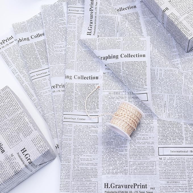 FWSA WRAPS Old Newspaper Tissue Paper Bulk for Gift Bags 28 sheets black and white Letter Newsprint Flower Wrapping Paper for Wedding Birthday Party Valentines Decor 27.5 x 19.7 Inch (3 black white)