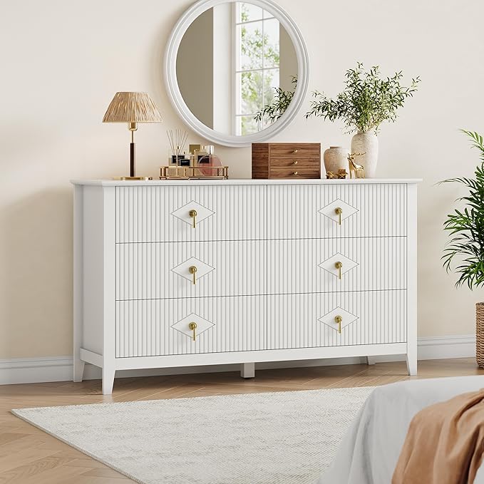 GarveeHome Fluted Dresser for Bedroom, 54 Inch Wide 6-Drawer Wood Dresser, Modern Chest of Drawers, Storage Organizer Cabinet for Living Room, Hallway, Entryway, White