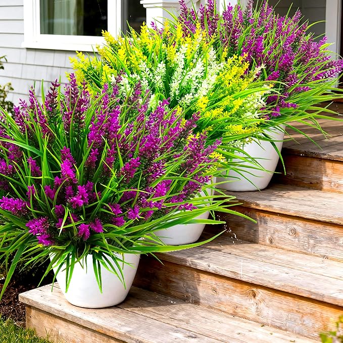Artificial Plants Outdoor, 20 Pcs Fake Flowers UV Resistant Outdoor Fake Plants, Lavender Artificial Flowers Plastic Fake Faux Flowers Shrubs for Home Porch Garden Yard Window Box