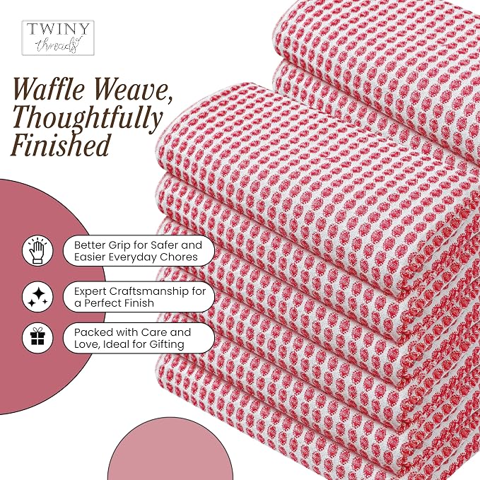 TWINY threads Circle Waffle Dish Towels 4 Pack, 16x26 Inches, 100% Cotton, Durable, Soft, Waffle Weave Hand Cloths, Heavy Duty Wash Rags for Kitchen, Bar, Household, Red