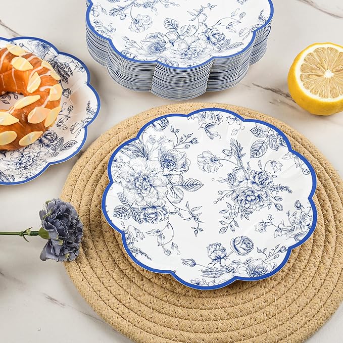 Blue Floral Party Plates Vintage Floral Leaf Disposable Paper Plates Wildflower Blue Toile 7" Scalloped Rim Dessert Plates for Christmas Birthday Bridal Tea Party Supplies (48)