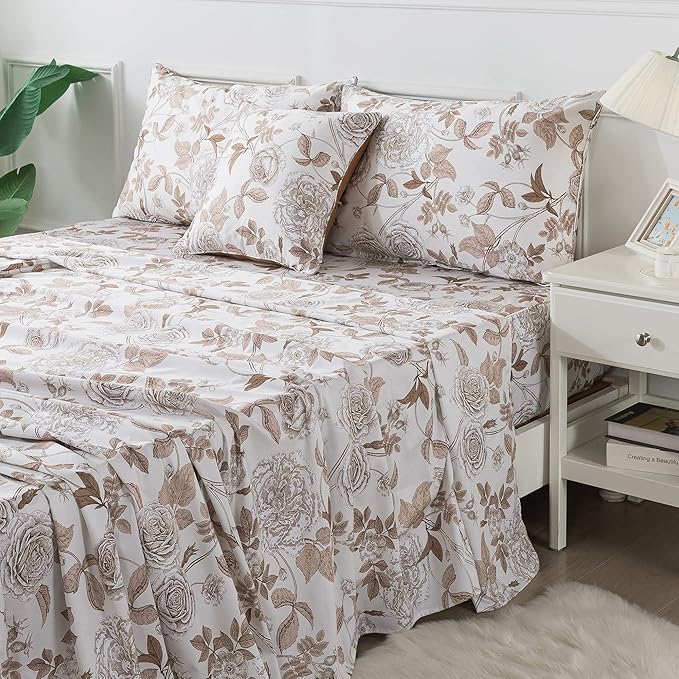 FADFAY Sheets Set Queen Vintage White and Brown Floral Bedding Elegant Peony Sheets Set Shabby Rose Farmhouse Bedding 100% Egyptian Cotton 800 Thread Count Deep Pocket Fitted Sheet 4Pcs, Queen Size