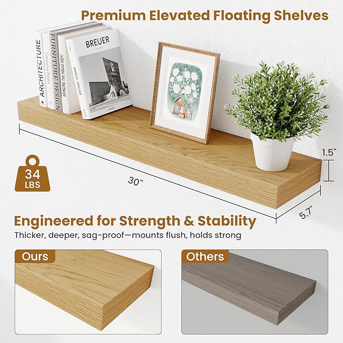 Fun Memories Floating Shelves 30 Inch, Wall Mounted Wood Shelf Set of 2, Farmhouse Decor for Bathroom, Bedroom, Kitchen, Living Room, Oak
