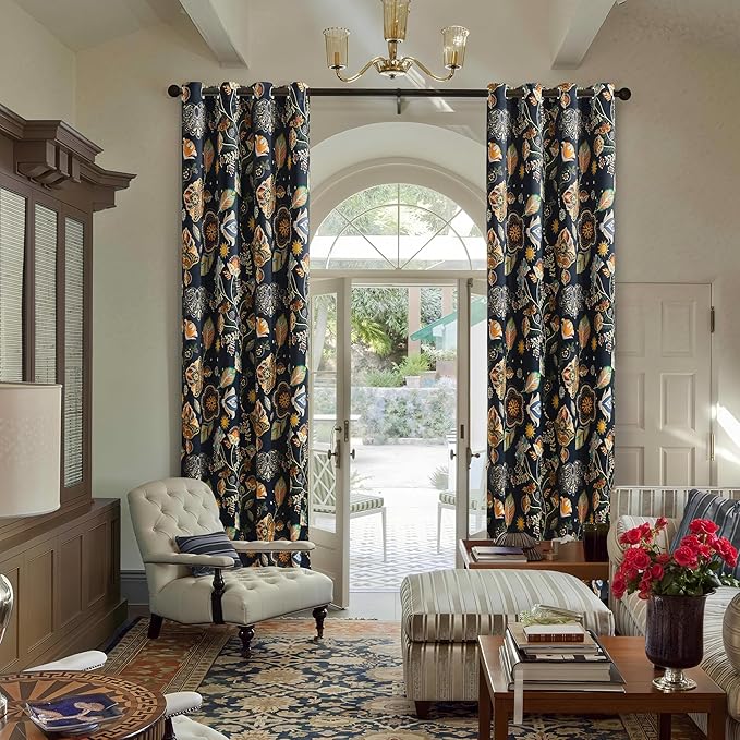 Elegant Luxury Black Out Curtains 96 Inch Long 2 Panel Set for Living Room 100% Blackout Navy Blue Floral Vintage Mid Century Print Patterned 8FT Length Foor to Ceiling Curtains Grommet Drapes 52x96
