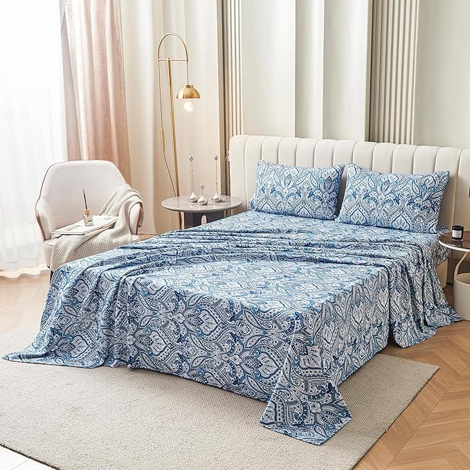 Softan Blue Paisley Printed Bed Sheets King Size, Floral Sheet Set King, Brushed Polyester Microfiber Fitted Sheet with 15" Deep Pocket & Non-Slip Straps, Blue Flower Patterned Sheet & Pillowcase Sets