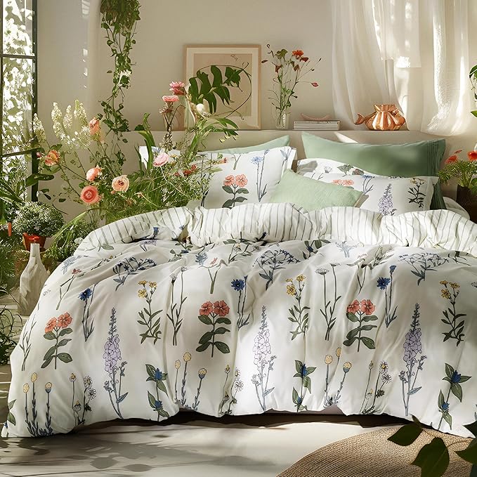 Bedsure Comforter Set Queen Size - Cute Floral Bedding Comforter Set, 3 Pieces, 1 Soft Reversible Coconut White Botanical Flowers Comforter and 2 Pillow Shams