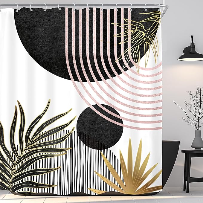 KOMLLEX Mid Century Black Pink Boho Shower Curtain for Bathroom Decor Abstract Modern Sun Minimalist Aesthetic Arch Curve Leaves Geometric Neutral Fabric Waterproof Polyester 12 Pack Hooks 60Wx71L