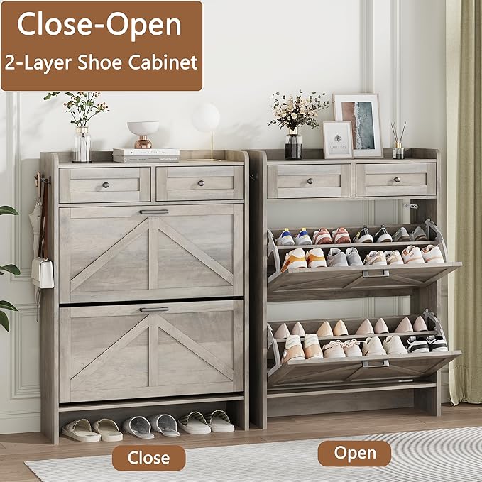 Shoe Cabinet with 2 Flip Drawers & 2 Top Drawers, 43" Tall Freestanding Narrow Wooden Shoe Storage Organizer for Entryway, Hidden Slim Shoe Rack for Front Door Entrance, Hallway, Living Room, Grey