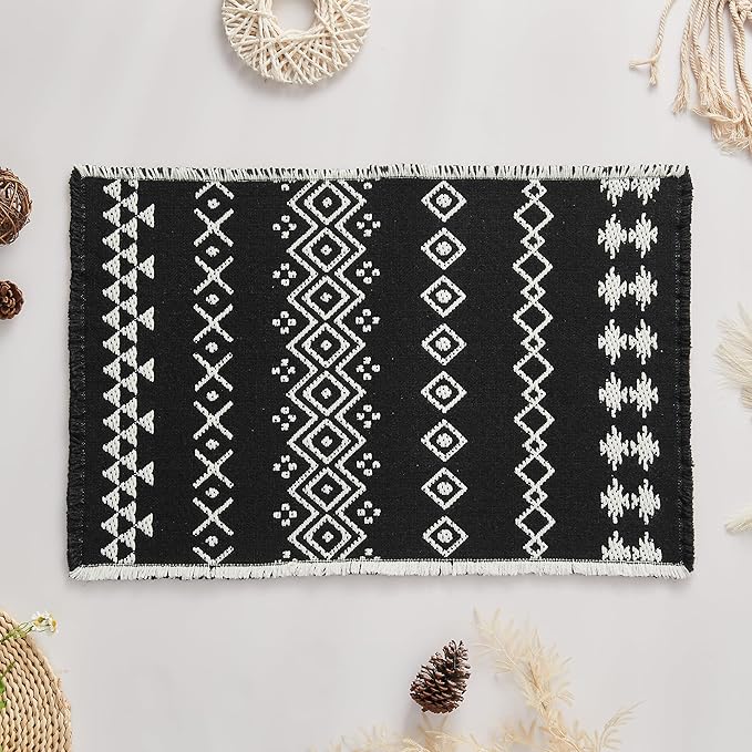 Douceur Boho Bath mat for Bathroom Floor Non Slip, Acrylic Blend Cute Bath Rugs with Tassels, Tribal Ethnic Pattern Farmhouse Bathroom Rugs, 24" x 36", Black