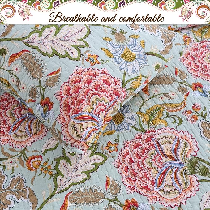 Cozy Line Home Fashions Blooming Red White Floral 100% Cotton Reversible Quilt Bedding Set, Coverlet Bedspread (Camellia Green, King - 3 Piece)