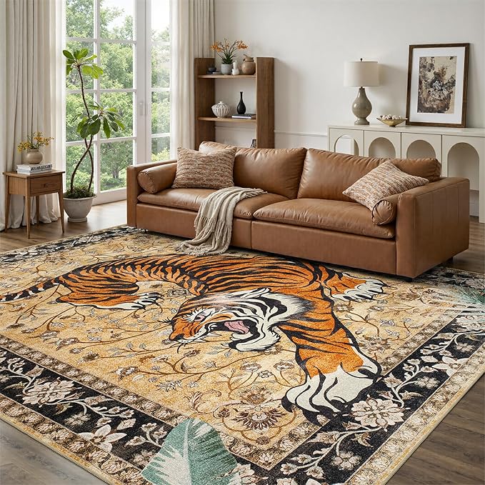 DCX Washable 9x12 Tiger Area Rug, Brown Vintage Animal Rug for Living Room, Soft Low Pile Carpet, Kid & Pet Friendly with Rubber Back Non Slip, Stain Resistant Rug for Bedroom Dining Room Office