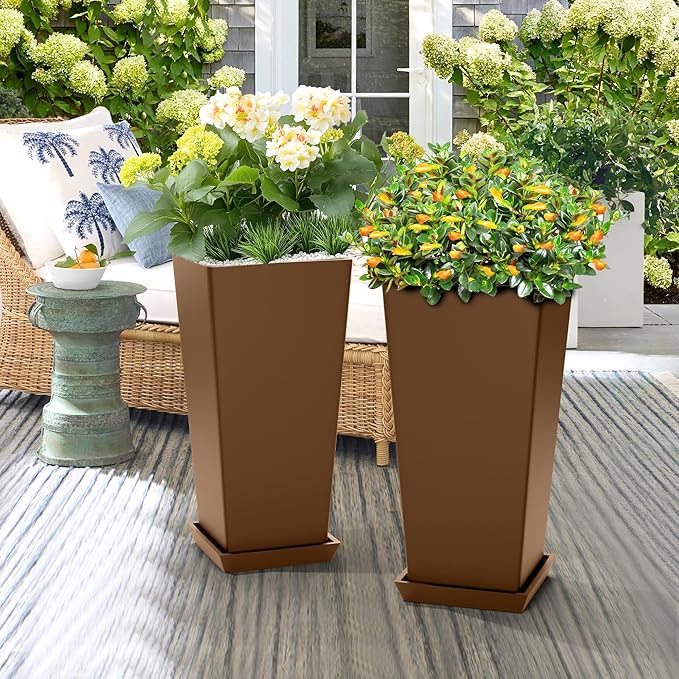 Set of 4 24" Tall Plastic Planters with Trays, Large Tapered Plant Pots for Indoor Outdoor Use, Modern Decorative Planters for Porch, Patio, Garden, and Backyard