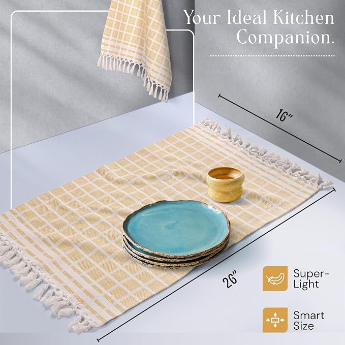 Matrix Dobby Kitchen Towels 12 Pack 100% Cotton, 16x26 Inches, Decorative Tea Towels with Handmade Tassels, Absorbent Washable Wash Cloths for Kitchen Drying - Mustard Yellow, Natural