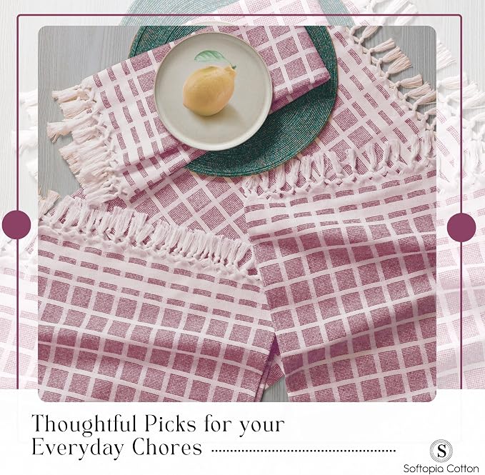 Matrix Dobby Kitchen Towels 12 Pack 100% Cotton, 16x26 Inches, Decorative Tea Towels with Handmade Tassels, Absorbent Reusable Dish Cloths for Kitchen Drying - Burgundy Wine, Natural