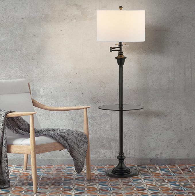JONATHAN Y 60" Black Floor Lamp with Integrated Glass Side Table, Modern Swing Arm Standing Lamp for Living Room, White Linen Shade, LED Bulb Included (JYL3055D)