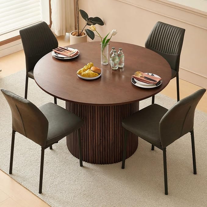 Dining Table Set for 4, 47" Wooden Round Kitchen Table with PU Leather Chairs for Kitchen Room and Small Spaces(Walnut Table + 4 Dakr Grey Chairs)