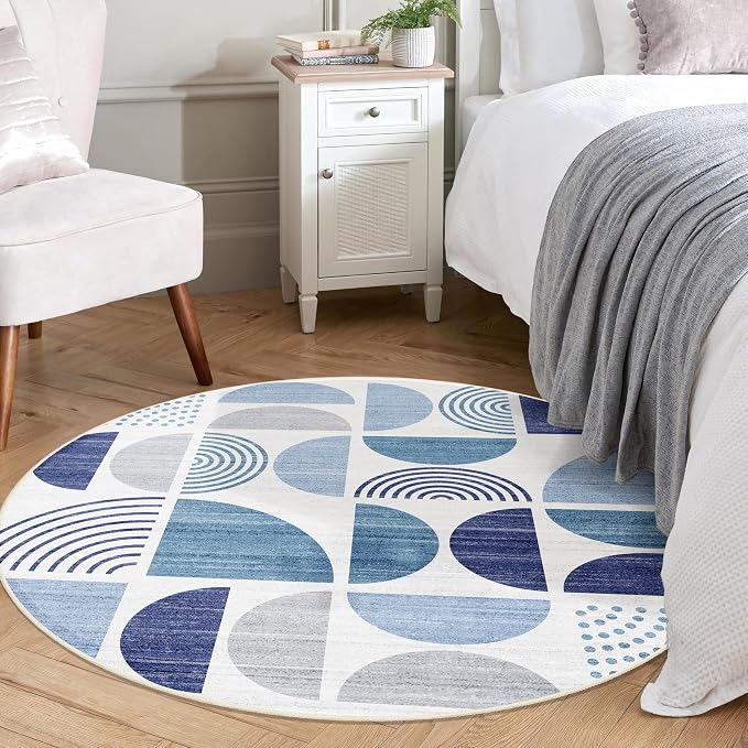 MUJOO Round Rug 4ft,Small Circle Area Rug Washable,Circular Rugs for Entryway Bedroom Kitchen,Boho Non Slip Throw Floor Carpet Modern Abstract Navy Blue