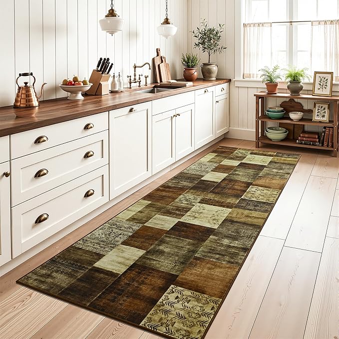 Tepook Modern Runner Rug for Living Room, 2x6 Washable Rugs for Bedroom Hallway, Geometric Patchwork Runner Rug Non-Slip Indoor Throw Carpet for Entryway Kitchen Office Home Decor, Brown