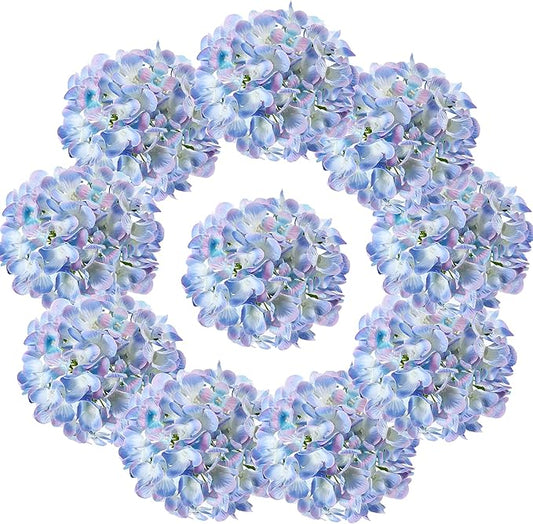 10PCS Silk Hydrangea Heads with Stems Artificial Flowers for Wedding Party Home Decor (Blue & Pink)