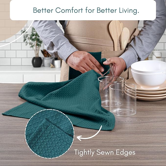 TWINY threads Kitchen Towels Set of 12, 16x26 Inches, 100% Cotton Waffle Weave Dish Towels, Soft and Absorbent Tea Towels with Hanging Loop, Washable Reusable Cloths for Cleaning, Teal Green