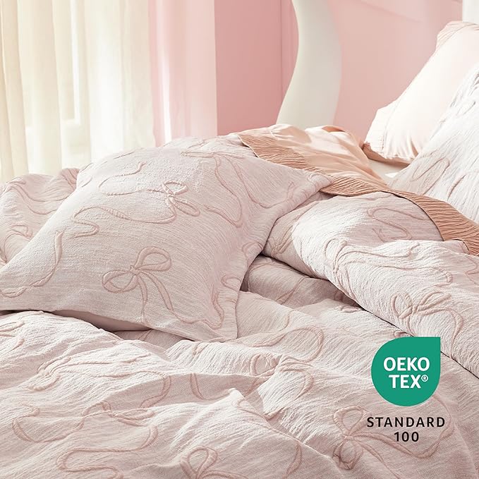 Bedsure Pink Duvet Cover Queen Size with Bowknot Jacquard Design, Soft and Elegant Boho Bedding Set, Luxurious Craftsmanship for a Stylish Bedroom,Includes 1 90"x90" Duvet Cover & 2 Pillow Shams