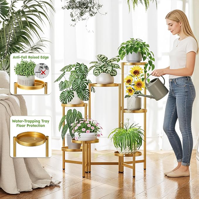 Patio Plant Stand, 7 Tiered Plant Stand Indoor for Multiple Large Planter, Tall Heavy Duty Adjustable Folding Rack with Rustproof 7.9 Inch Wide Tray, Folding Plant Shelf for Corner - GoldDisk
