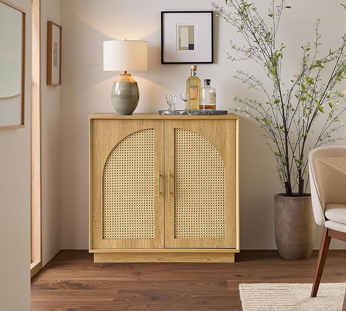 FORTUNETEC Sideboard Buffet Cabinet with Storage Set of 3, Modern Accent Cabinet with Rattan Arched Doors, Modular Media Console, Boho Credenza for Living Room Kitchen Dining Room Entryway, Oak