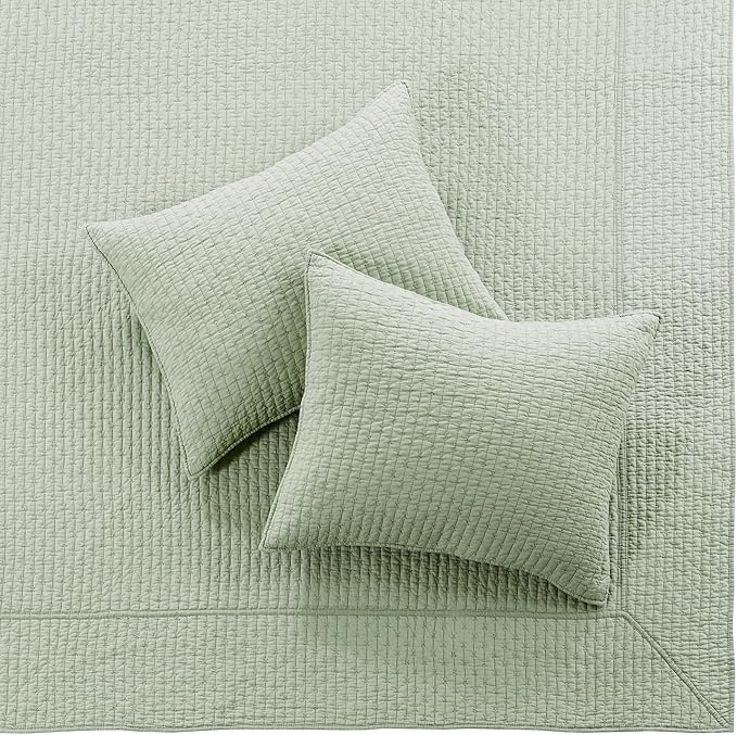 Levtex Home Cross Stitch Reversible Queen Bedspread Set (104x106in) with 2 Pillow Shams (26x20in) - Stitch Texture - Desert Sage - Cotton Queen Size Bedspread Set - Lightweight, Soft, Pre-Washed