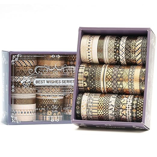 Songdao 36 Rolls Skinny Washi Tape Set Gold Foil Detailing Arts Adhesive Tapes Basic Patterns Decorative Masking Tape Sets for Craft, Kids, Scrapbook, DIY, Gift Wrapping (Black & Gold)