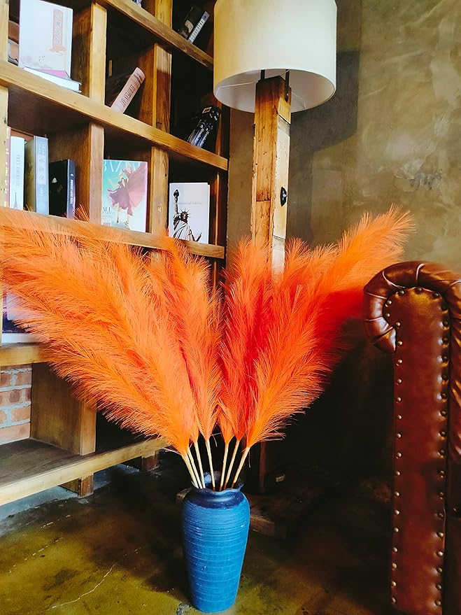 Premium Faux Pampas Grass Decor Tall & Fluffy, No Assembly Needed Long Pampas, Luxury Large Floral, Elegant Feather Flowers for Wedding Decor(Faux Orange, 8pcs 43.3"(110cm))