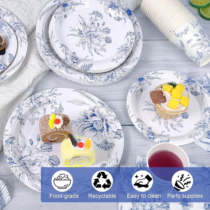 96 Piece Blue and White Floral Disposable Party Supplies Elegant Floral Paper Plates, Cups, and Napkins 9 Inch and 7 Inch Plates Serves 24 Guests for Birthday or Baby Shower