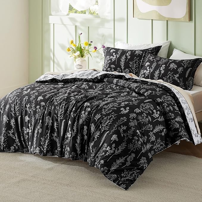 Bedsure Full Comforter Set - Black Bed Set, 3 Pieces Cute Floral Bedding, 1 Soft Reversible Botanical Flowers Comforter and 2 Pillow Shams